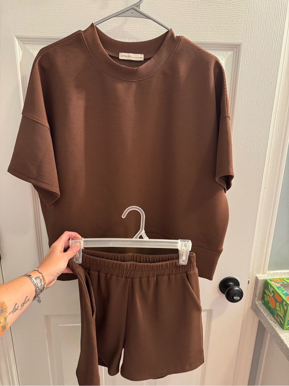Zenana Brown Ribbed Short Set